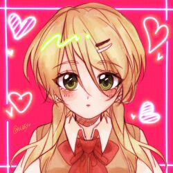 1girl blonde_hair blush bow bowtie brown_vest chinese_commentary collared_shirt commentary_request earrings ensemble_stars! eyelashes genderswap genderswap_(mtf) hair_ornament hairclip heart jewelry long_hair looking_at_viewer parted_lips portrait red_background red_bow red_bowtie shiratori_aira_(ensemble_stars!) shirt solo stud_earrings twintails vest white_shirt xieyu_(yuanjiuyu895)