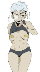 Rule 34 | 1girl, absurdres, bandaid, bandaids on nipples, breasts, buruma, clothes lift, eyepatch, female focus, freckles, highres, kantoqyoiko, looking at viewer, navel, open mouth, original, pasties, sharp teeth, shirt lift, short hair, simple background, smile, solo, teeth, tomboy, undercut, white background