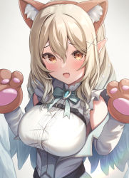 Rule 34 | 1girl, absurdres, animal ears, animal hands, blonde hair, breasts, cat ears, fake animal ears, fang, gloves, gradient background, grey background, hair between eyes, hair ornament, hairband, highres, large breasts, long hair, looking at viewer, nanase eru, open mouth, orange eyes, paw gloves, pointy ears, shirt, skin fang, solo, suicabar72, upper body, varium, virtual youtuber, white shirt, wings, x hair ornament