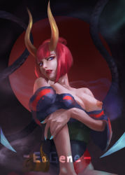 Rule 34 | 1girl, absurdres, blood moon evelynn, blue eyes, bob cut, breast hold, breasts, breasts out, collarbone, demon horns, eagene, evelynn (league of legends), eyebrows, hair tie, highres, horns, japanese clothes, kimono, large breasts, league of legends, licking lips, lips, lipstick, looking at viewer, makeup, nail polish, nipples, off shoulder, oni, red hair, sash, signature, solo, teeth, tongue, tongue out