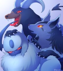 Rule 34 | absol, animal focus, claws, colored sclera, creatures (company), curled horns, ebisaki, fang, game freak, gen 2 pokemon, gen 3 pokemon, glowing, glowing eyes, horns, houndoom, mightyena, nintendo, no humans, open mouth, pokemon, pokemon (creature), red eyes, single horn, sweat, twitter username, yellow sclera