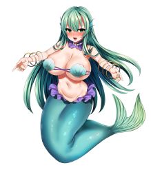 Rule 34 | 1girl, aqua eyes, aqua hair, aqua nails, aqua neckwear, bikini, blush, bracelet, breasts, cleavage, curvy, female focus, fins, fish tail, full body, gills, green eyes, happy, head fins, jewelry, large breasts, looking at viewer, lustgrimm again, marota, mermaid, monster girl, nail polish, necklace, open mouth, pearl necklace, pointy ears, seashell, shell, shell bikini, simple background, solo, swimsuit, tail