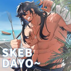 Rule 34 | 1boy, abs, armpit hair, bandaged arm, bandages, bara, beach, black male swimwear, black swim briefs, blue hair, blue pants, blue sky, boat, bulge, chest hair, chest tattoo, commission, dark blue hair, facial hair, fisherman, freckles, goatee, gradient hair, grin, harpoon, head tilt, highres, holding, jewelry, large pectorals, long hair, looking at viewer, male focus, male swimwear, mature male, multicolored hair, muscular, muscular male, navel, navel hair, necklace, nipples, octopus tattoo, original, pants, pectorals, plant, shell, shore, skeb commission, sky, smile, solo, stomach, sunlight, swim briefs, swimsuit, swimsuit under clothes, takayakaiti (tk049ccn), tattoo, thick eyebrows, topless male, watercraft, waving, white background