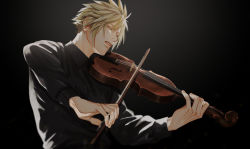 1boy alternate_costume black_background black_shirt blonde_hair boooshow closed_eyes cloud_strife collared_shirt final_fantasy final_fantasy_vii final_fantasy_vii_remake hair_between_eyes holding holding_instrument holding_violin instrument long_sleeves male_focus music parted_lips playing_instrument shirt short_hair solo spiked_hair upper_body violin