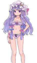 Rule 34 | 1girl, ama-tou, arm at side, bikini, blush, blush stickers, bow, bra, breasts, cleavage, collarbone, crescent, hair bow, hair ribbon, hand on own hip, hat, long hair, looking at viewer, low-tied long hair, mob cap, navel, panties, patchouli knowledge, purple bra, purple eyes, purple hair, purple panties, ribbon, side-tie bikini bottom, simple background, solo, standing, stomach, striped bikini, striped bra, striped clothes, striped panties, swimsuit, touhou, tress ribbon, underwear, underwear only, vertical-striped bra, vertical-striped clothes, vertical-striped panties, very long hair, white background