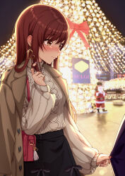 Rule 34 | 1girl, absurdres, blush, closed mouth, coat, coat on shoulders, earrings, embarrassed, twirling hair, hand up, highres, idolmaster, idolmaster shiny colors, jewelry, long hair, long sleeves, nail polish, necklace, night, osaki amana, pinching sleeves, playing with hair, playing with own hair, producer (idolmaster), red hair, ribbed sweater, ring, sleeves past wrists, solo focus, sorugi park, straight hair, sweater, swept bangs, white coat, yellow eyes