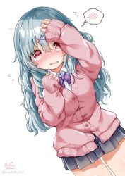 Rule 34 | 1girl, anzu ame, arm up, black skirt, blue hair, blush, bow, breasts, cardigan, collared shirt, cowboy shot, dress shirt, flying sweatdrops, hair between eyes, hair ornament, hairclip, long hair, long sleeves, looking at viewer, medium breasts, nose blush, original, parted lips, pink cardigan, plaid, plaid bow, pleated skirt, purple bow, shirt, signature, simple background, skirt, sleeves past wrists, solo, spoken blush, sweat, tears, twitter username, very long hair, wavy mouth, white background, white shirt, x hair ornament