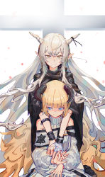 Rule 34 | 2girls, absurdres, arknights, bare shoulders, black cloak, blonde hair, blue eyes, chinese commentary, cloak, commentary request, dress, grey eyes, hair between eyes, highres, horns, huge filesize, long hair, long sleeves, looking at viewer, multiple girls, nightingale (arknights), piao miao, pointy ears, puffy sleeves, shining (arknights), sidelocks, silver hair, smile, upper body, very long hair, white background, white dress, wide sleeves