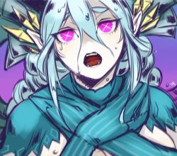 Rule 34 | 1girl, blue hair, breasts, fate/grand order, fate (series), horns, long hair, open mouth, pink eyes, pointy ears, symbol-shaped pupils, tiamat (fate), x-shaped pupils