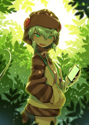 Rule 34 | 1girl, absurdres, akuma (st.takuma), backlighting, cellphone, cowboy shot, dappled sunlight, day, fangs, from side, green eyes, hair between eyes, hand in pocket, hand up, headphones, highres, holding, holding phone, hood, hood up, hoodie, kemono friends, long sleeves, looking at viewer, looking to the side, neck ribbon, open mouth, outdoors, phone, pocket, ribbon, smartphone, snake tail, solo, striped clothes, striped hoodie, striped tail, sunlight, tail, teeth, tsuchinoko (kemono friends), upper teeth only
