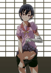 Rule 34 | 00s, 1girl, bakemonogatari, bandages, bandaged hand, bike shorts, bike shorts pull, black hair, blush, breasts, brown eyes, censored, clothes lift, clothes pull, female focus, head tilt, highres, kanbaru suruga, lifted by self, looking at viewer, monogatari (series), mosaic censoring, no panties, pleated skirt, presenting, pulled by self, pussy, pussy juice, pussy juice trail, ribbon, school uniform, short hair, shorts, shorts pull, skirt, skirt lift, small breasts, smile, solo, tomboy, yada ei