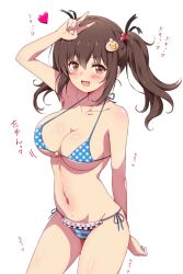 Rule 34 | 1girl, absurdres, arm at side, bare arms, bikini, blue bikini, blush, breasts, brown eyes, brown hair, character request, cleavage, collarbone, copyright request, cowboy shot, eggman (pixiv28975023), fang, frilled bikini, frills, hair bobbles, hair ornament, hair ribbon, highres, large breasts, long hair, navel, open mouth, polka dot, polka dot bikini, ribbon, side-tie bikini bottom, simple background, smile, solo, standing, swimsuit, twintails, underboob, v, white background