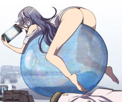 Rule 34 | 1girl, ammunition belt, ankle strap, ass, ass focus, bare legs, barefoot, black hair, black panties, coat, exia (nikke), expressionless, from behind, goddess of victory: nikke, gun, headphones, holding, holding gun, holding weapon, long hair, long sleeves, looking away, off shoulder, panties, purple eyes, rifle, shirt, sniper rifle, solo, syope, thighs, thong, underwear, unworn coat, weapon, white shirt