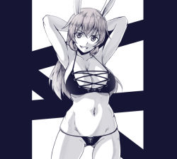 Rule 34 | 1girl, animal ears, armpits, arms behind head, arms up, bikini, breasts, charlotte e. yeager, cleavage, gluteal fold, grin, groin, large breasts, liar lawyer, long hair, looking at viewer, monochrome, navel, rabbit ears, rabbit girl, smile, solo, standing, strike witches, swimsuit, world witches series