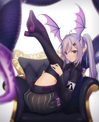 Rule 34 | 1girl, absurdres, arknights, armchair, black footwear, black shirt, black shorts, black thighhighs, blurry, blurry foreground, boots, chair, closed mouth, commentary request, depth of field, eyebrows hidden by hair, grey hair, hair between eyes, head wings, highres, legs up, looking at viewer, manticore (arknights), moubun nisei, on chair, pink wings, pointy ears, puffy shorts, red eyes, shirt, short shorts, shorts, solo, striped clothes, striped shorts, tail, thigh boots, thighhighs, twintails, vertical-striped clothes, vertical-striped shorts, wings