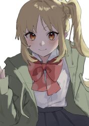 Rule 34 | 1girl, absurdres, ahoge, black skirt, blonde hair, blush, bocchi the rock!, closed mouth, collared shirt, green jacket, highres, ijichi nijika, jacket, long hair, long sleeves, looking at viewer, mosa 1120, open clothes, open jacket, school uniform, shirt, shuka high school uniform, side ponytail, simple background, skirt, smile, solo, white background, white shirt