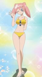 Rule 34 | 1girl, absurdres, arm behind back, bikini, collarbone, full body, hair ornament, heart, heart hair ornament, highres, keroro gunsou, narrow waist, navel, one eye closed, pink hair, pururu, sandals, solo, sparkle, sparkle background, stitched, sunglasses removed, swimsuit, thick thighs, thighs, third-party edit, waving, wink, yellow bikini