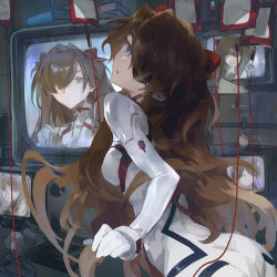 Rule 34 | 1girl, blood, blood bag, blue eyes, bodysuit, brown hair, commentary, evangelion: 3.0+1.0 thrice upon a time, eyepatch, highres, indoors, intravenous drip, long hair, lucaxu1991, monitor, multiple monitors, neon genesis evangelion, plugsuit, rebuild of evangelion, solo, souryuu asuka langley, white bodysuit