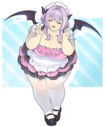 1girl :3 absurdres agano_mai blue_background blush breasts cleavage closed_eyes double_v facing_viewer fat full_body hair_intakes highres horns huge_breasts indie_virtual_youtuber leaning_to_the_side long_hair maid_headdress morningpanda open_mouth pantyhose purple_hair purple_horns purple_wings short_sleeves smile solo thick_arms thick_thighs thighhighs thighs v virtual_youtuber white_pantyhose wings