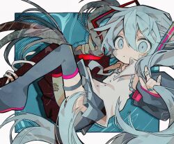 Rule 34 | 1girl, :o, bandaid, bandaid on face, bandaid on hand, blue eyes, blue hair, blue nails, collared shirt, full body, grey footwear, grey skirt, grey sleeves, hair ornament, hairclip, hands up, hatsune miku, highres, knees up, long hair, looking at viewer, muted color, open mouth, shirt, skirt, sleeveless, sleeveless shirt, solo, soresaki, twintails, very long hair, vocaloid, white shirt