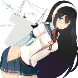 Rule 34 | 10s, 1girl, :o, aircraft, airplane, arms behind back, artist name, black hair, blue eyes, cowboy shot, glasses, groin, hairband, hip vent, kantai collection, leaning forward, long hair, necktie, ooyodo (kancolle), pleated skirt, school uniform, semi-rimless eyewear, serafuku, side slit, simple background, skirt, solo, sts, uniform