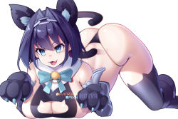Rule 34 | 1girl, animal hands, ass, blue eyes, blue hair, blue ribbon, breasts, cat girl, chain, chain headband, fang, gloves, hair intakes, hololive, hololive english, hot vr, large breasts, looking at viewer, open mouth, ouro kronii, paw gloves, pixiv username, ribbon, short hair, skin fang, solo, thighs, thong, virtual youtuber