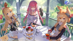 Rule 34 | 3girls, absurdres, azur lane, bare shoulders, bird, black hairband, blonde hair, blue eyes, breasts, chick, cleavage, closed mouth, commentary, cookie, copyright notice, crown, cup, detached sleeves, dress, eating, english commentary, flower, food, fruit tart, garden, gloves, hair between eyes, hairband, headgear, highres, holding, holding cup, large breasts, logo, long hair, long sleeves, looking at viewer, manjuu (azur lane), mini crown, multiple girls, open mouth, owl, pastry, perseus (azur lane), pink eyes, pink hair, purple eyes, queen elizabeth (azur lane), rose, saucer, scarf, scottie (phantom2), sidelocks, sitting, sleeping, smile, tart (food), tea, tea party, teacup, teapot, tiered tray, twintails, very long hair, warspite (azur lane), white gloves