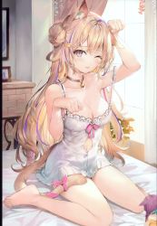 Rule 34 | 1girl, absurdres, animal ear fluff, animal ears, arm up, bare arms, bare shoulders, barefoot, black choker, breasts, brown hair, cat ears, cat girl, cat tail, choker, cleavage, clothing cutout, dress, feet, hair bun, highres, large breasts, long hair, looking at viewer, momoko (momopoco), multicolored hair, navel, navel cutout, neck bell, one eye closed, original, paw pose, red eyes, scan, short dress, single hair bun, sitting, sleeveless, sleeveless dress, solo, strap slip, streaked hair, tail, toes, tongue, tongue out, very long hair, wariza, white dress