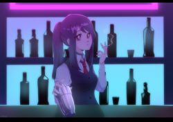 Rule 34 | 1girl, bar (place), bartender, bottle, cigarette, commentary, english commentary, highres, jill stingray, long hair, long sleeves, looking at viewer, necktie, neon lights, orekifag, parted lips, ponytail, purple eyes, shirt, smoking, solo, upper body, va-11 hall-a, vest, white shirt