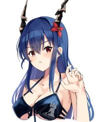 Rule 34 | 1girl, arknights, bare arms, bare shoulders, bikini, blue bikini, blue hair, breasts, ch&#039;en (arknights), cleavage, collarbone, commentary request, cropped torso, dragon horns, flower, hair flower, hair intakes, hair ornament, hand up, highres, horns, lily0428, long hair, medium breasts, red eyes, red flower, simple background, solo, swimsuit, upper body, white background