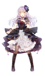 Rule 34 | 1girl, bang dream!, black choker, black flower, black footwear, black pantyhose, black rose, blue flower, blue rose, blush, boots, choker, collared dress, corset, dress, flower, frilled dress, frills, full body, hair flower, hair ornament, hand on own chest, highres, knee boots, minato yukina, open mouth, overskirt, pantyhose, purple flower, purple rose, rose, short sleeves, silver hair, simple background, solo, standing, striped, taya oco, vertical stripes, white background, wrist cuffs, yellow eyes
