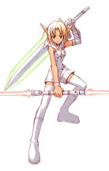 Rule 34 | 1girl, blonde hair, boots, bracelet, commentary request, dark-skinned female, dark skin, double-blade, dual wielding, elbow gloves, energy sword, gloves, green eyes, holding, holding lightsaber, holding sword, holding weapon, jewelry, knee boots, lightsaber, looking at viewer, magi (cu-little2), original, parted hair, phantasy star, phantasy star online, pointy ears, sega, shirt, short hair, shorts, simple background, single glove, sleeveless, sleeveless shirt, solo, squatting, sword, sword behind back, tan, thighhighs, weapon, white background, white footwear, white gloves, white shirt, white shorts, white thighhighs, zettai ryouiki