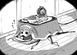 Rule 34 | 1girl, 4shi, arthropod limbs, bags under eyes, basket, cable, cellphone, chips (food), commentary request, dango-chan (4shi), double bun, electrical outlet, extension cord, food, fruit, greyscale, hair bun, highres, holding, holding phone, hollow eyes, indoors, kotatsnail, kotatsu, long sleeves, looking at viewer, lying, mandarin orange, monochrome, motion lines, new year, on stomach, open mouth, original, phone, potato chips, smartphone, solo, table, tape, tissue, tissue box, translated, under kotatsu, under table, wooden floor