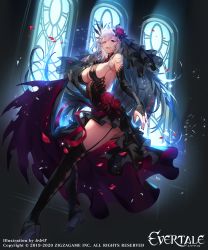 Rule 34 | 1girl, absurdres, bare shoulders, black dress, black gloves, boots, breasts, character request, cleavage, dress, elbow gloves, evertale, fingerless gloves, flower, garter straps, gloves, hair flower, hair ornament, highres, kakage, large breasts, long hair, looking at viewer, looking back, official art, open mouth, petals, red eyes, silver hair, thigh boots, thighhighs, watermark