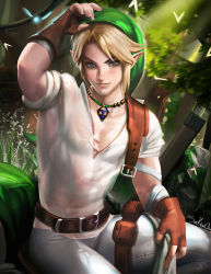 Rule 34 | 1boy, belt, blonde hair, blue eyes, collarbone, fingerless gloves, forest, gloves, green hat, hat, highres, jewelry, link, lips, looking at viewer, male focus, nature, nintendo, outdoors, pants, pendant, pointy ears, sakimichan, see-through, shirt, sitting, solo, the legend of zelda, toned, watermark, web address, wet, wet clothes, wet shirt, white shirt