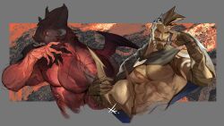 Rule 34 | 2boys, aatrox, abs, absurdres, art program in frame, bara, bare pectorals, beard, brown hair, colored skin, cropped torso, curled horns, demon boy, demon wings, facial hair, finger on forehead, fingernails, flexing pectorals, full beard, hand up, head tilt, highres, horns, large pectorals, league of legends, looking at viewer, male focus, mature male, monster boy, multiple boys, muscular, muscular male, nude, pantheon (league of legends), pectorals, red skin, sharp fingernails, side-by-side, thick beard, thick eyebrows, unfinished, upper body, veins, veiny arms, wings, xkov (cerberuskeeper)