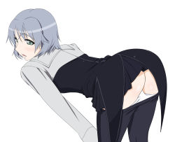 Rule 34 | 00s, 1girl, all fours, ass, bent over, black pantyhose, clothes pull, green eyes, ko-yan, panties, panty pull, pantyhose, pantyhose pull, parted lips, sanya v. litvyak, short hair, silver hair, solo, strike witches, underwear, undressing, world witches series