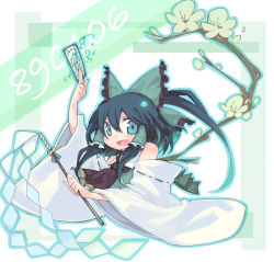 Rule 34 | 1girl, alternate color, aqua eyes, bare shoulders, bell, black hair, bow, cherry blossoms, colorized, detached sleeves, female focus, gohei, hair bow, hakurei reimu, holding, japanese clothes, jingle bell, long hair, looking at viewer, miko, morino hon, ofuda, oinari (tensaizoku), open mouth, ponytail, short hair, smile, solo, touhou, upper body