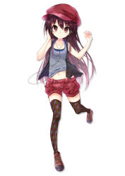 Rule 34 | 1girl, argyle, argyle clothes, argyle legwear, brown hair, cabbie hat, child, collarbone, cross-laced footwear, earbuds, earphones, hat, highres, long hair, nanabuluku, original, patterned legwear, red eyes, shoes, shorts, simple background, solo, tank top, very long hair, white background