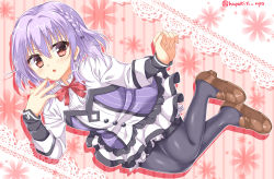 Rule 34 | 1boy, artist name, asuka minato, black pantyhose, braid, brown footwear, commentary request, crossdressing, floral background, fuyukichi (nikoniko1567), highres, loafers, male focus, open mouth, otome domain, pantyhose, purple hair, red eyes, red ribbon, ribbon, school uniform, shoes, short hair, skirt, solo, trap