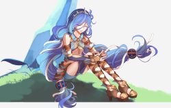 Rule 34 | 1girl, arm guards, blue hair, crown, dana (ys), full body, grass, hair between eyes, hair ribbon, high heels, highres, jewelry, long hair, low ponytail, necklace, on grass, outdoors, parted bangs, ponytail, ribbon, riwancece 428, shadow, sitting, smile, solo, very long hair, ys, ys viii lacrimosa of dana