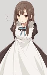 Rule 34 | 1girl, apron, black dress, blue ribbon, blunt bangs, blush, brown eyes, brown hair, chisumi, closed mouth, commentary request, copyright request, dress, flying sweatdrops, grey background, highres, idolmaster, idolmaster cinderella girls, juliet sleeves, long hair, long sleeves, looking at viewer, maid, maid apron, mizumoto yukari, neck ribbon, puffy sleeves, ribbon, simple background, smile, solo, standing, tray, upper body