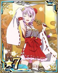 Rule 34 | 10s, 1girl, arm behind head, armpits, bow, breasts, brown eyes, card (medium), detached sleeves, flower, hair flower, hair ornament, hakama, hakama short skirt, hakama skirt, holding, japanese clothes, lace, lace-trimmed legwear, lace-trimmed sleeves, lace trim, looking at viewer, medium breasts, miko, one eye closed, open mouth, pink hair, red flower, red hakama, short hair with long locks, sideboob, sidelocks, skirt, solo, star (symbol), strea (sao), sword art online, thighhighs, white bow, white thighhighs