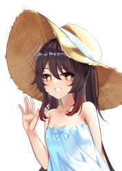Rule 34 | 1girl, absurdres, bare shoulders, bow, bowtie, breasts, czk, dress, genshin impact, hand up, hat, highres, hu tao (genshin impact), looking at viewer, simple background, sleeveless, sleeveless dress, small breasts, smile, straw hat, symbol-shaped pupils, twintails, upper body, white background