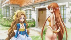 Rule 34 | 2girls, ass, blush, breasts, brown hair, cleavage, code geass, code geass: nunnally in wonderland, cosplay, costume, fake tail, fawn, female focus, grass, green eyes, highres, house, long hair, multiple girls, nunnally vi britannia, screencap, shirley fenette, smile, stitched, tail, thighs, third-party edit, very long hair
