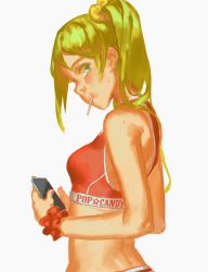 Rule 34 | 1girl, bad id, bad pixiv id, blonde hair, candy, cellphone, crop top, exercising, food, from side, green eyes, highres, holding, holding phone, lollipop, long hair, looking at viewer, midriff, nail polish, original, pachyphytum, phone, red nails, scrunchie, side ponytail, simple background, smartphone, solo, sports bra, sweat, tank top, white background