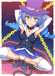 Rule 34 | 1girl, ankle boots, armpits, arms behind head, black shirt, blue cat (precure), blue footwear, blue hair, blue skirt, blush, boots, bound, bound wrists, braid, breasts, cat tail, chain, cleavage, clenched teeth, covered erect nipples, denki showgun, detached collar, dutch angle, elbow gloves, glaring, gloves, green eyes, hat, highres, long hair, looking at viewer, medium breasts, miniskirt, panties, pleated skirt, pointy ears, precure, purple hat, pussy juice, pussy juice drip through clothes, pussy juice puddle, restrained, scowl, sex toy, shirt, skirt, solo, spread legs, squatting, star twinkle precure, tail, teeth, thighhighs, top hat, twin braids, twintails, underwear, v-neck, vibrator, vibrator in thighhighs, vibrator under clothes, vibrator under panties, white gloves, white panties, white thighhighs, yuni (precure)