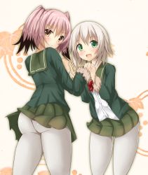 Rule 34 | 10s, 2girls, :d, absurdres, ass, black hair, bow, bowtie, brown eyes, colored tips, green eyes, green jacket, green skirt, highres, jacket, kantai collection, kunashiri (kancolle), long sleeves, multicolored hair, multiple girls, open mouth, pantyhose, pink hair, pleated skirt, red bow, red bowtie, shimushu (kancolle), short hair, silver hair, skirt, smile, two side up, wenetora, white legwear