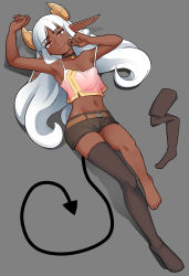 Rule 34 | 1girl, armpits, barefoot, belt, black choker, breasts, brown belt, camisole, choker, closed mouth, curled horns, dark-skinned female, dark skin, demon girl, demon horns, demon tail, full body, grey background, grey shorts, hand up, highres, horns, unworn legwear, long hair, looking at viewer, lying, midriff, navel, niseoto, on back, original, pink camisole, pointy ears, red eyes, short shorts, shorts, simple background, small breasts, smile, solo, strap slip, tail, white hair