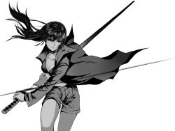 Rule 34 | 1girl, absurdres, battoujutsu stance, bra, breasts, cleavage, coat, collarbone, cowboy shot, fighting stance, highres, holding, holding weapon, katana, long hair, long sleeves, looking away, monochrome, negative space, original, partially colored, ready to draw, realistic, same-hada, saya (scabbard), short shorts, shorts, sidelocks, standing, sword, tsuba (guard), tsuka-ito, tsuka (handle), underwear, weapon, x-red flower